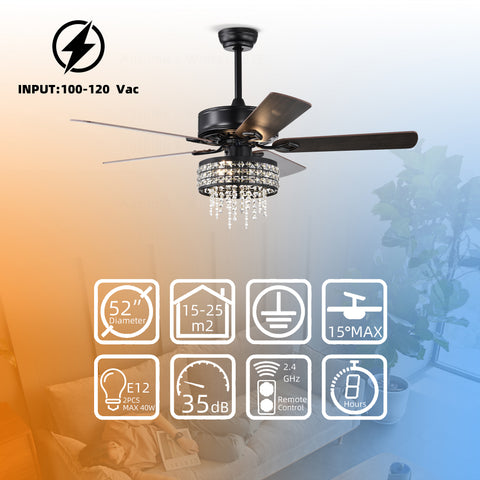Misty Valley 52in. Modern Glam Crystal Ceiling Fan with Light,3-Speed Reversible Remote Control Ceiling Fan