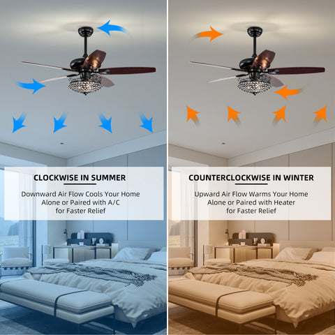 Misty Valley 52in. Black Crystal Modern Ceiling Fan with Remote, Ceiling Fan with 5 Reversible Blade for Living Room