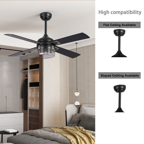 Misty Valley 48in. Modern Industrial Black Reversible Low Profile Ceiling Fan with Light For Living Room