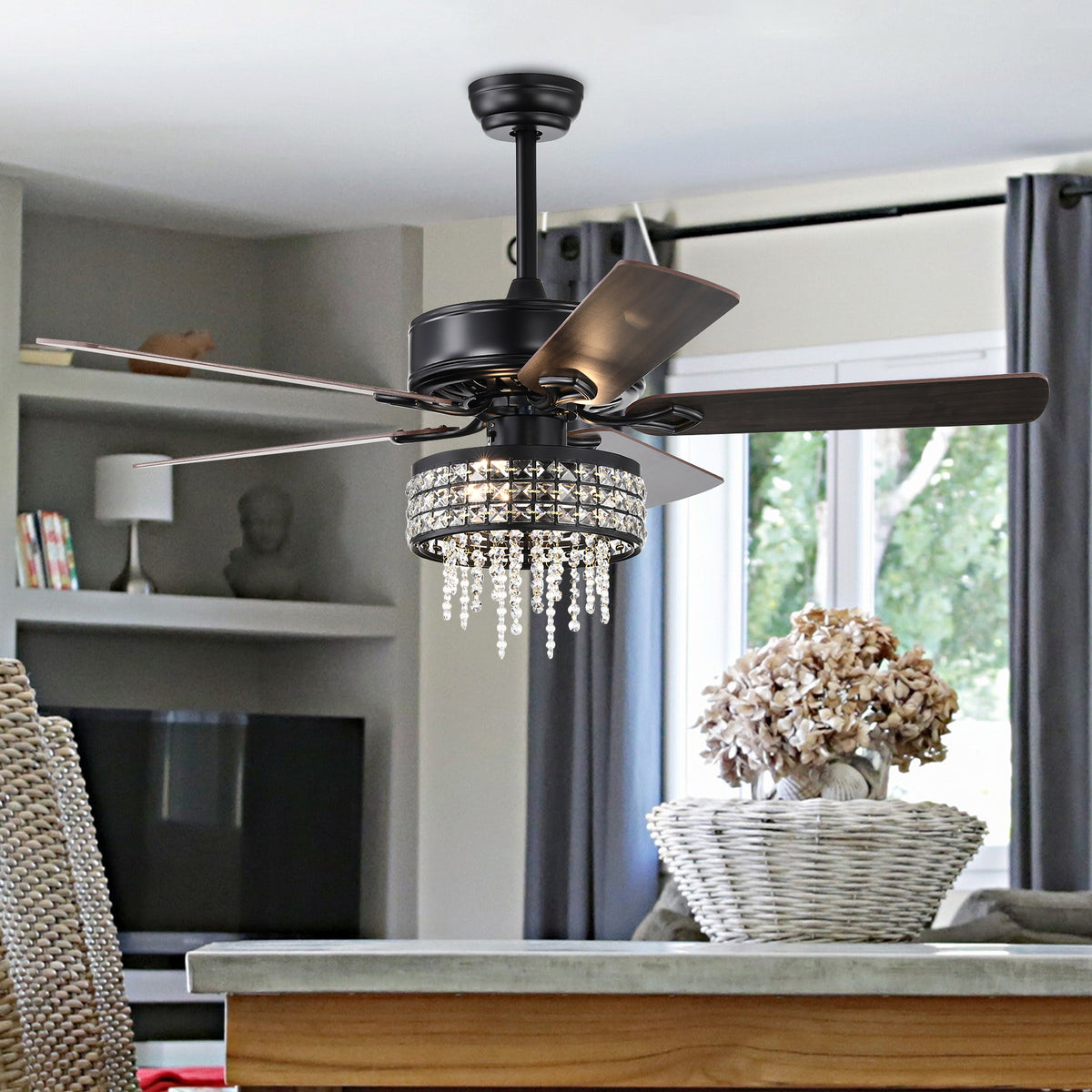 Misty Valley 52in. Modern Glam Crystal Ceiling Fan with Light,3-Speed Reversible Remote Control Ceiling Fan