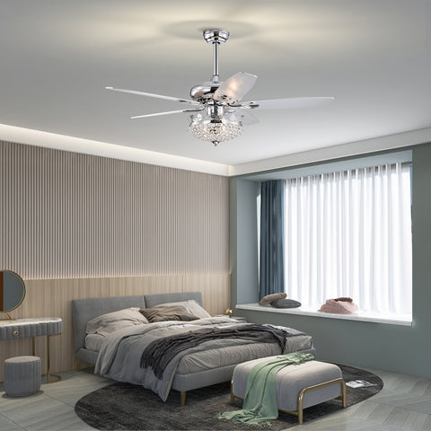 Misty Valley 52in. Modern Crystal Chrome Ceiling Fan with Light,5 Reversible Blade Remote Control Ceiling Fan for Living Room