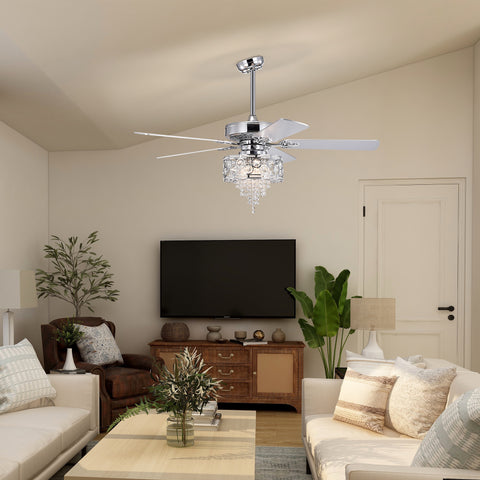 Misty Valley 52in. Modern Glam Chrome Crystal Reversible Ceiling Fan with Light,Remote Control Ceiling Fan for Living Room