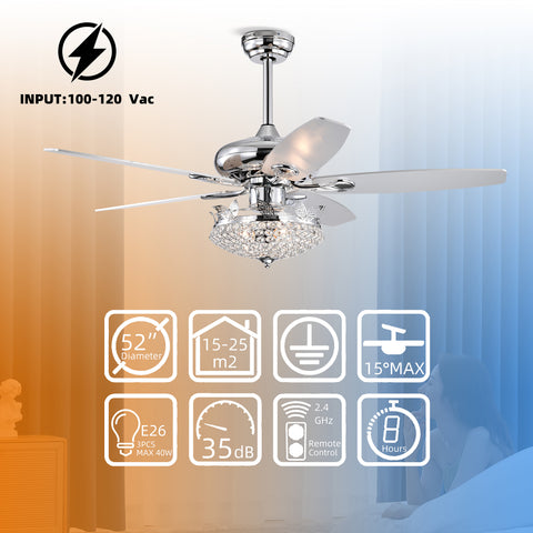 Misty Valley 52in. Modern Crystal Chrome Ceiling Fan with Light,5 Reversible Blade Remote Control Ceiling Fan for Living Room