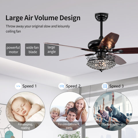 Misty Valley 52in. Black Crystal Modern Ceiling Fan with Remote, Ceiling Fan with 5 Reversible Blade for Living Room