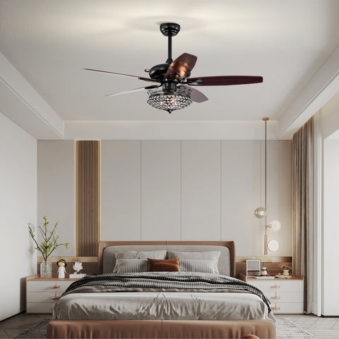 Misty Valley 52in. Black Crystal Modern Ceiling Fan with Remote, Ceiling Fan with 5 Reversible Blade for Living Room