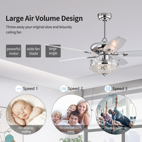 Misty Valley 52in. Modern Crystal Chrome Ceiling Fan with Light,5 Reversible Blade Remote Control Ceiling Fan for Living Room