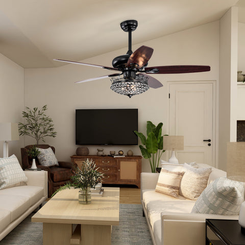 Misty Valley 52in. Black Crystal Modern Ceiling Fan with Remote, Ceiling Fan with 5 Reversible Blade for Living Room