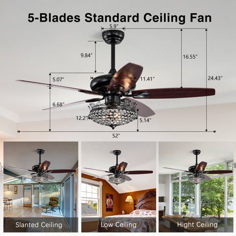 Misty Valley 52in. Black Crystal Modern Ceiling Fan with Remote, Ceiling Fan with 5 Reversible Blade for Living Room