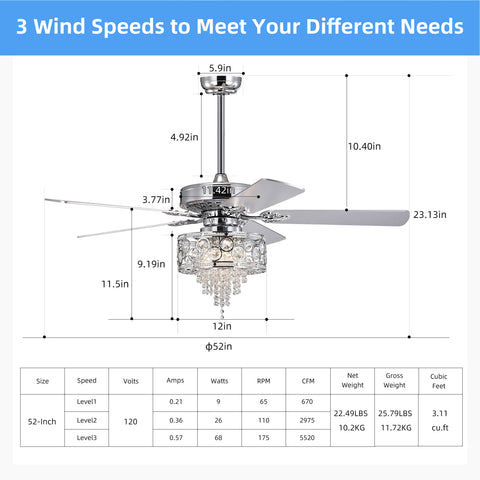 Misty Valley 52in. Modern Glam Chrome Crystal Reversible Ceiling Fan with Light,Remote Control Ceiling Fan for Living Room