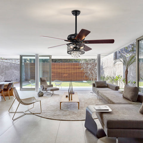 Misty Valley 52in. Modern Glam Crystal Matte Black Reversible Ceiling Fan with Light