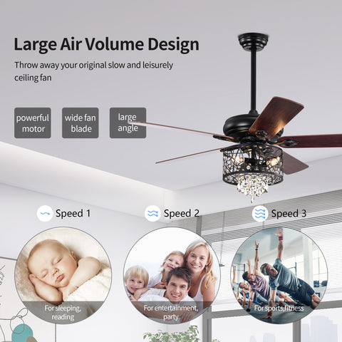 Misty Valley 52in. Modern Glam Crystal Matte Black Reversible Ceiling Fan with Light