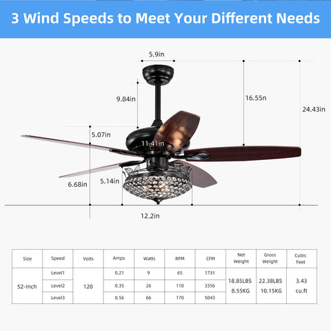 Misty Valley 52in. Black Crystal Modern Ceiling Fan with Remote, Ceiling Fan with 5 Reversible Blade for Living Room