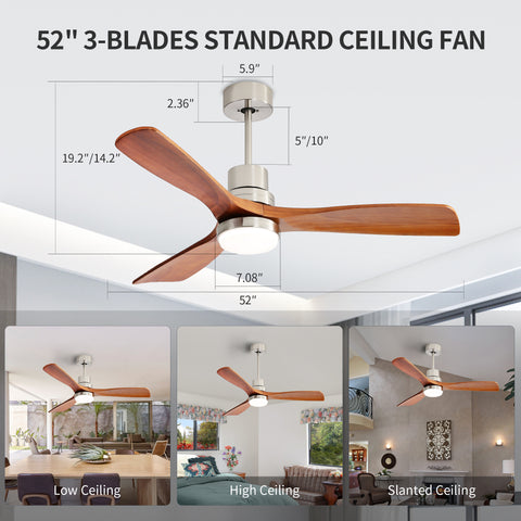 Misty Valley 52" Light Brown Ceiling Fan with Lights, Ceiling Fan with Remote Control, Noiseless Reversible DC Motor and 3 Wood Blades, Timer, 6 Speed for Patio Bedroom, Office