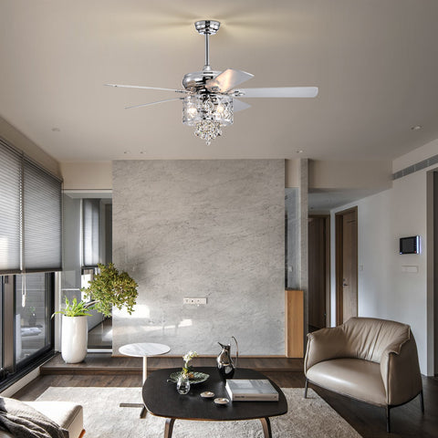 Misty Valley 52in. Modern Chrome Crystal Reversible Ceiling Fan with Light Remote Control, for Living Room,Bedroom