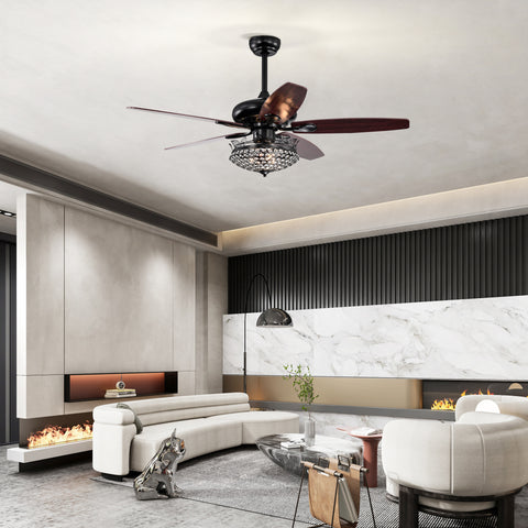Misty Valley 52in. Black Crystal Modern Ceiling Fan with Remote, Ceiling Fan with 5 Reversible Blade for Living Room