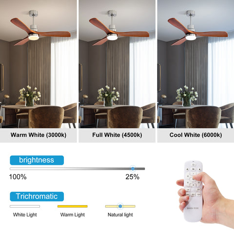Misty Valley 52" Light Brown Ceiling Fan with Lights, Ceiling Fan with Remote Control, Noiseless Reversible DC Motor and 3 Wood Blades, Timer, 6 Speed for Patio Bedroom, Office