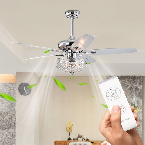 Misty Valley 52in. Modern Crystal Chrome Ceiling Fan with Light,5 Reversible Blade Remote Control Ceiling Fan for Living Room