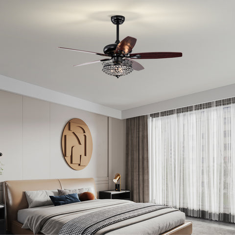 Misty Valley 52in. Black Crystal Modern Ceiling Fan with Remote, Ceiling Fan with 5 Reversible Blade for Living Room