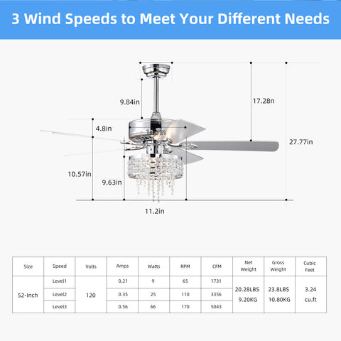 Misty Valley 52in. Modern Glam Crystal Reversible Ceiling Fan with Light for Living Room