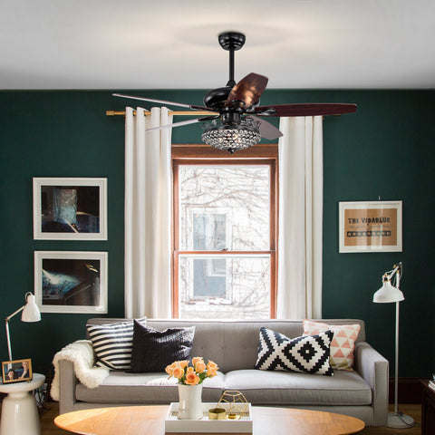 Misty Valley 52in. Black Crystal Modern Ceiling Fan with Remote, Ceiling Fan with 5 Reversible Blade for Living Room
