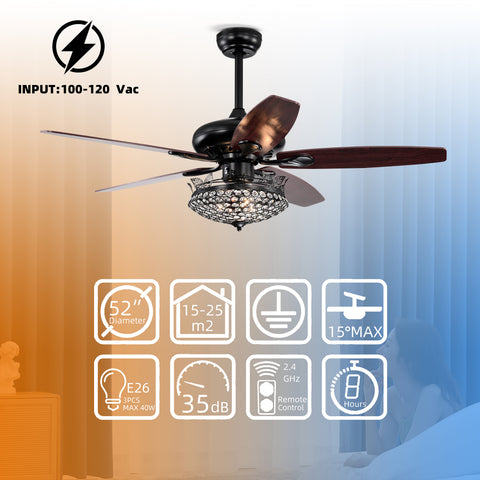 Misty Valley 52in. Black Crystal Modern Ceiling Fan with Remote, Ceiling Fan with 5 Reversible Blade for Living Room