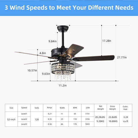 Misty Valley 52in. Modern Glam Crystal Ceiling Fan with Light,3-Speed Reversible Remote Control Ceiling Fan