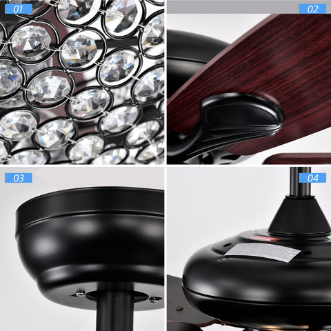 Misty Valley 52in. Black Crystal Modern Ceiling Fan with Remote, Ceiling Fan with 5 Reversible Blade for Living Room