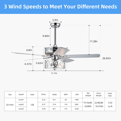 Misty Valley 52in Indoor Modern Chrome Ceiling Fan with Light, Reversible Ceiling Fan with Remote Control