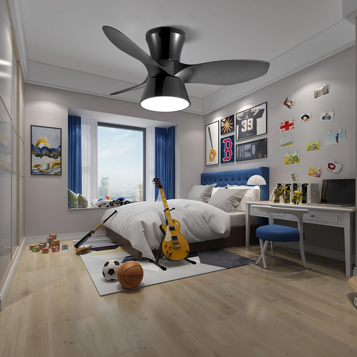 Misty Valley 32in. Modern Black Flush Mount Ceiling Fan with Light,Low Profile Ceiling Fan for Bedroom