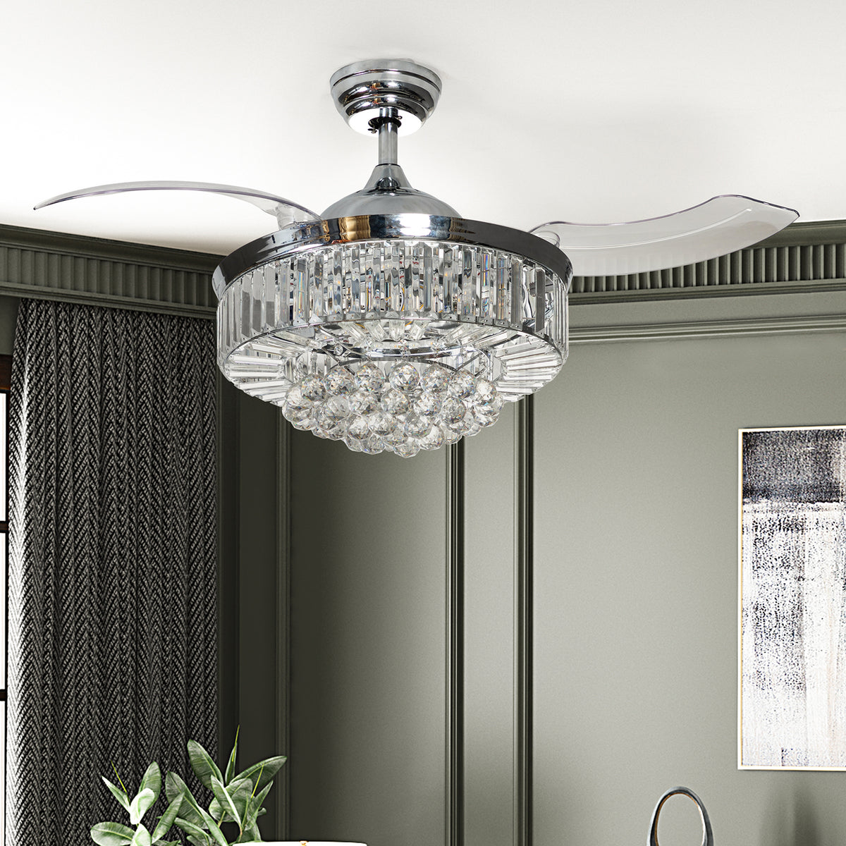 Misty Valley 42in. Bellini Glam Chrome Crystal 3-Blade LED Retractable Ceiling Fan with Remote Control