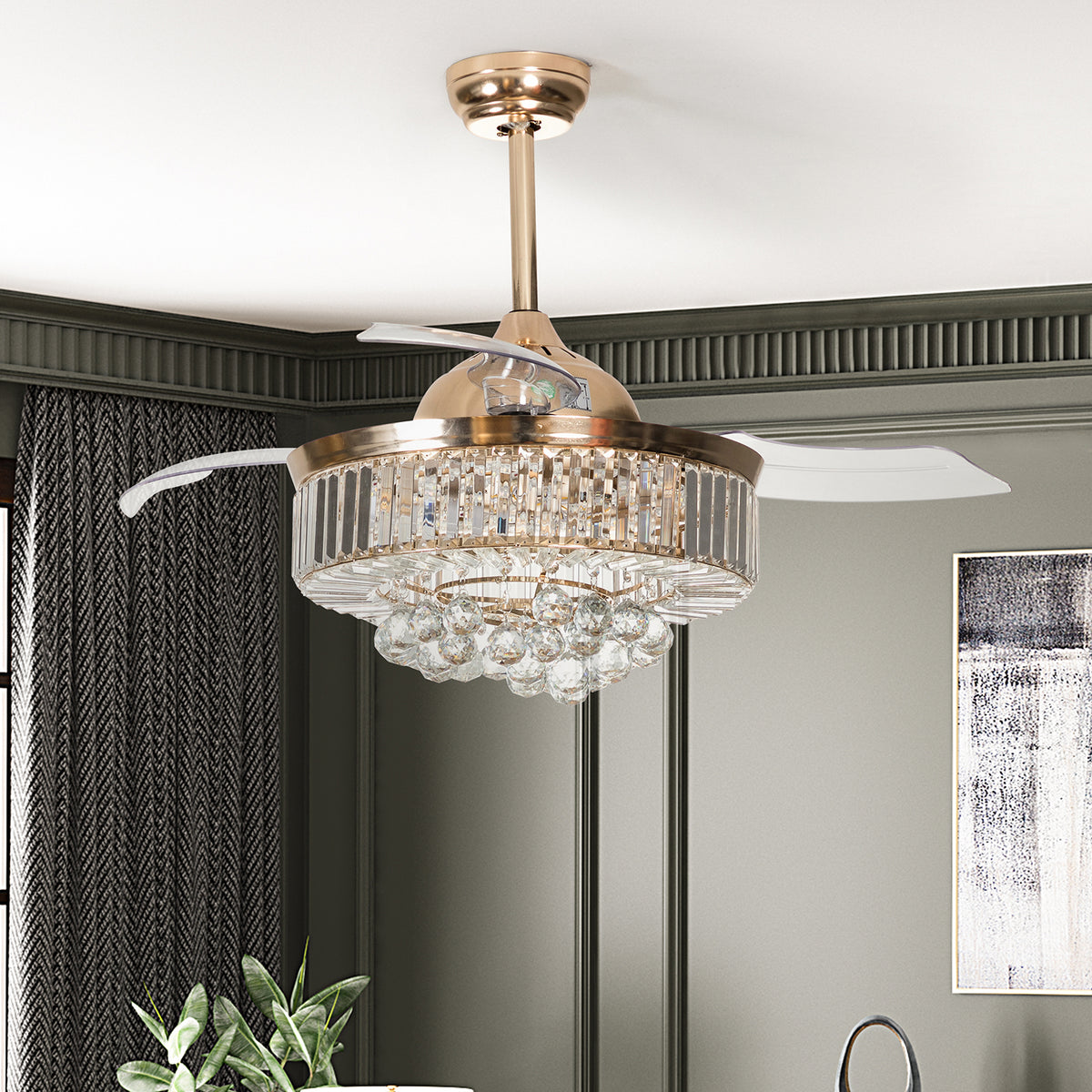 Misty Valley 42in. Bellini Glam French Gold Crystal 3-Blade LED Retractable Ceiling Fan with Remote Control