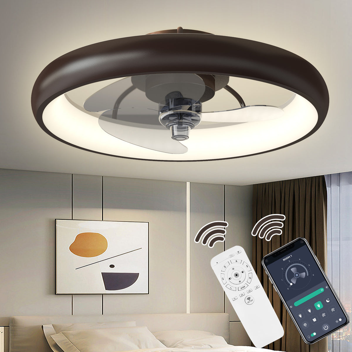 Misty Valley 20in. Modern Dual Control Low Profile Ceiling Fan with Light, Dimmable LED Flush Mount Ceiling Fan for Bedroom