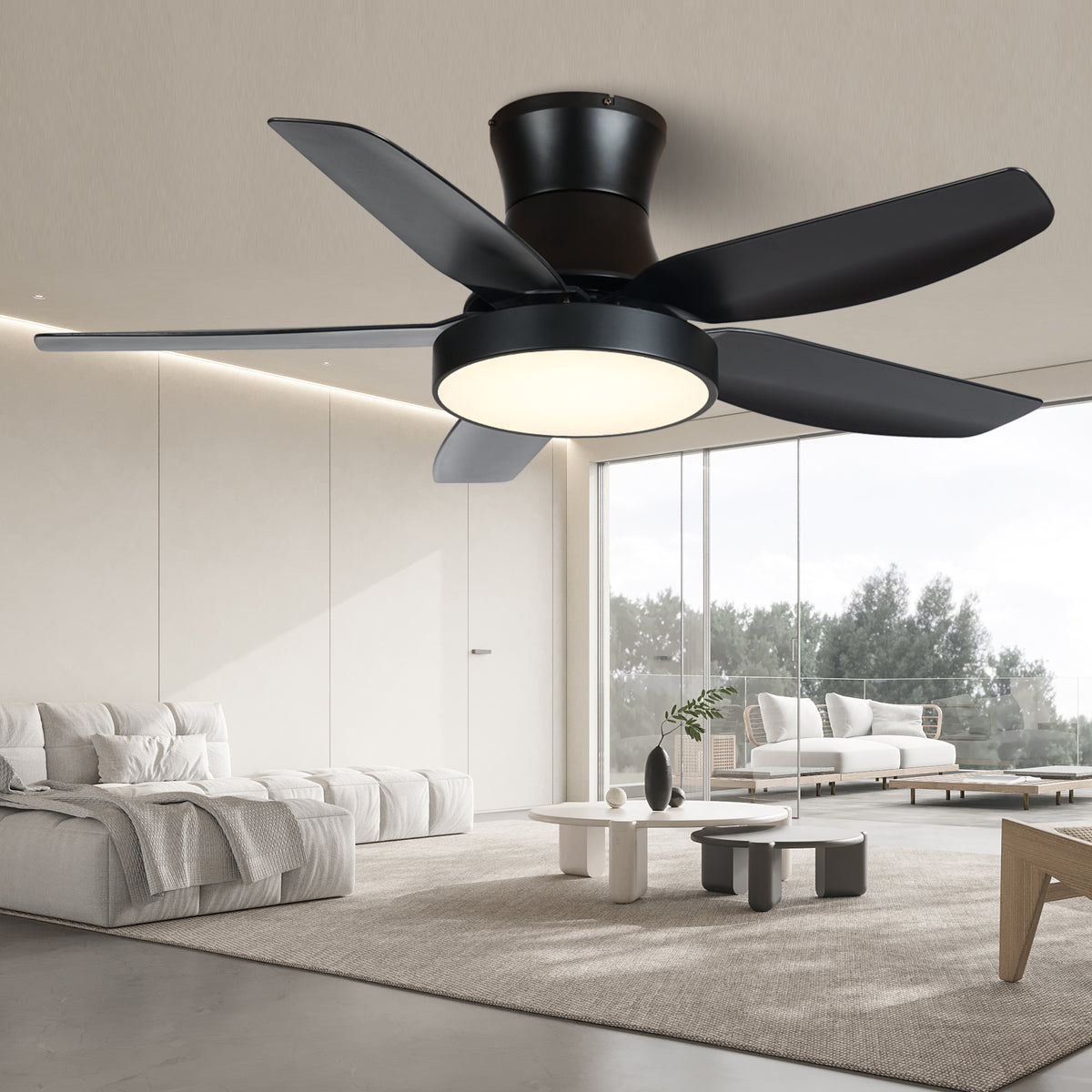 Misty Valley 46in. Modern Black Flush Mount Ceiling Fan with Light and Remote Control, Low Profile Ceiling Fan with 5 blades, 3 Light Color, 6 Speeds for Living Room, Bedroom
