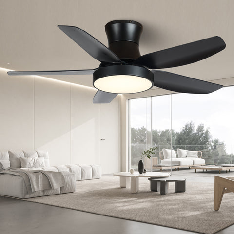 Misty Valley 46in. Modern Black Flush Mount Ceiling Fan with Light and Remote Control, Low Profile Ceiling Fan with 5 blades, 3 Light Color, 6 Speeds for Living Room, Bedroom